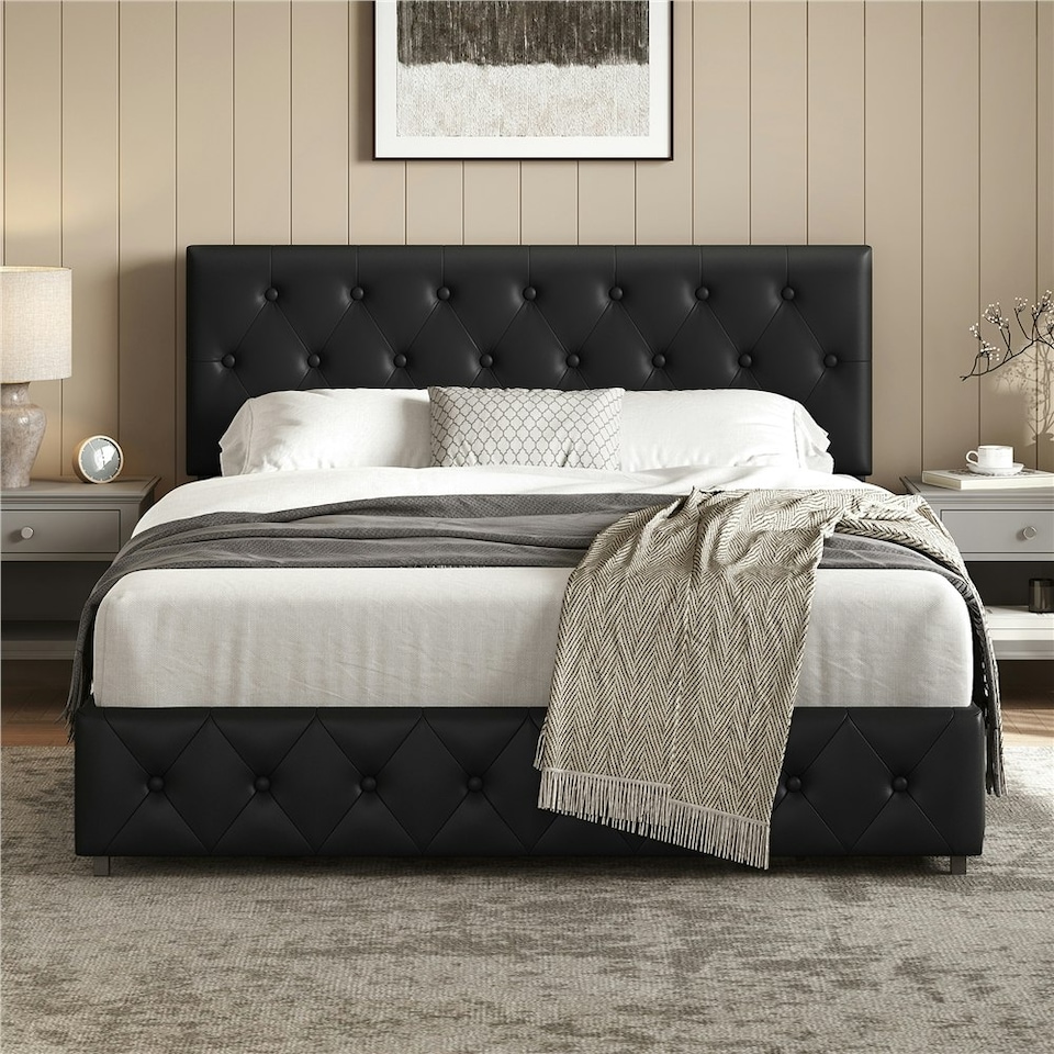 image 1 of Yaheetech 150 cm W × 200 cm L Bed Frame with Adjustable Headboard and 2 Drawers Black