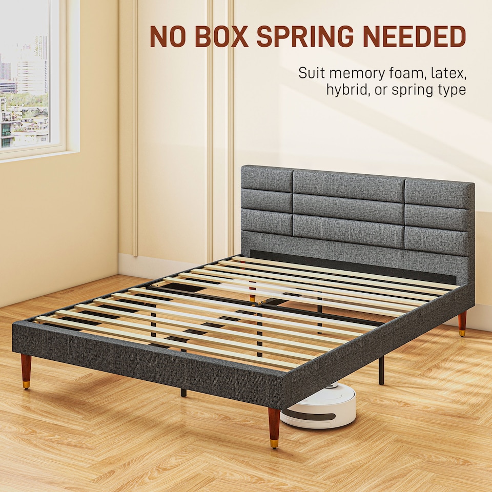 image 1 of HOMCOM 5ft King Bed Frame with Underbed Storage, Upholstered Platform Bed Frame with Tufted Headboard and Wood Slat Support, No Box Spring Needed, Easy Assembly, Grey