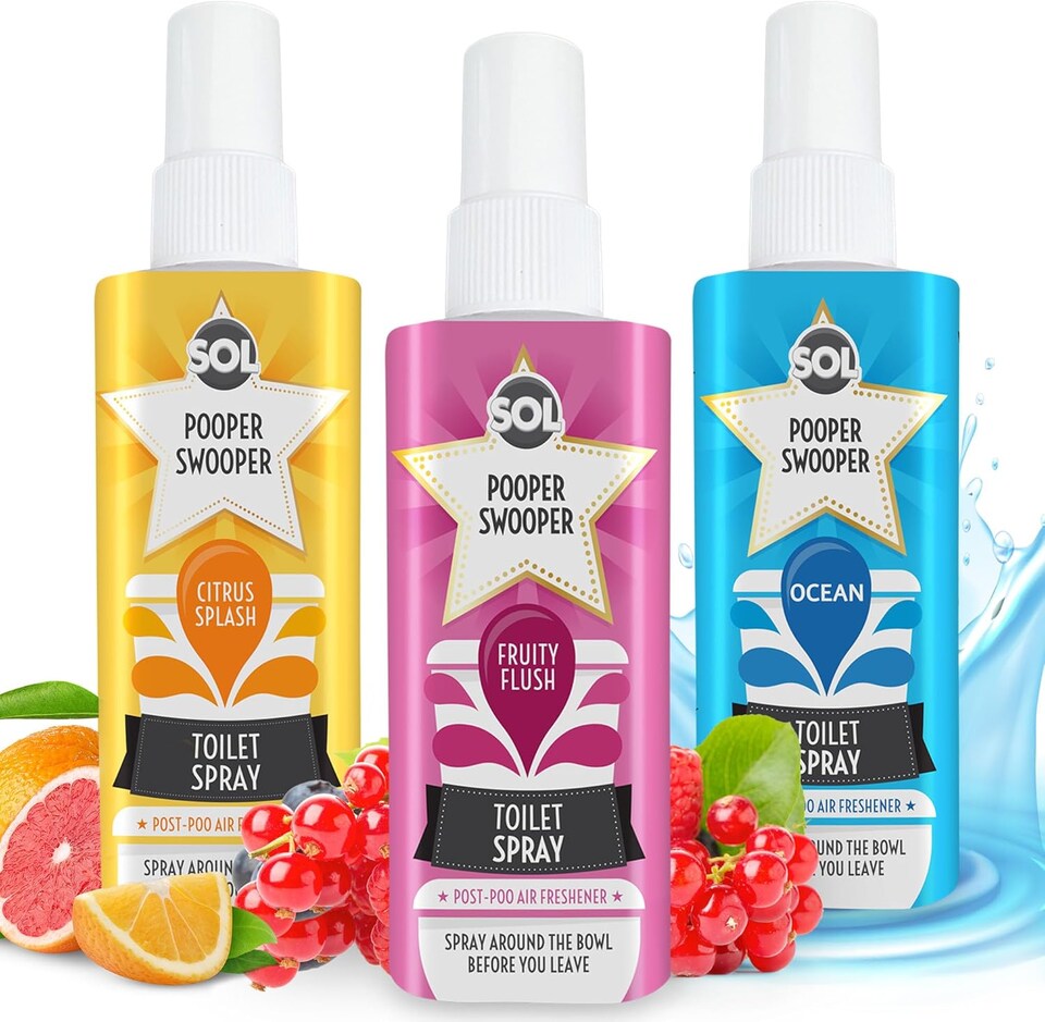 image 1 of 3pk x 60ml Pooper Swooper Toilet Spray – Citrus, Fruity & Ocean Scents, 1000+ Sprays Each, Travel-Friendly Odour Neutraliser for Home & Bathrooms