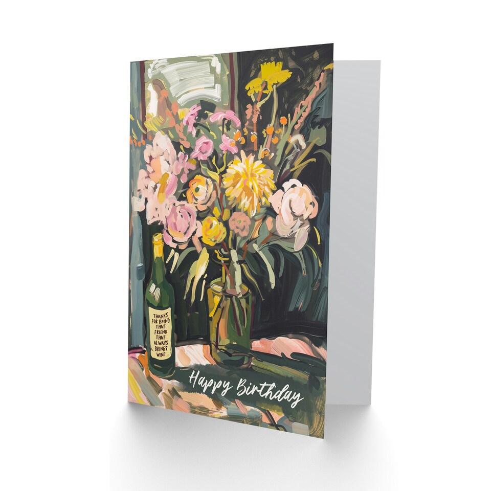 image 1 of Flower Bouquet Vase Wine Lover Woman Friend Birthday Card