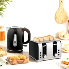 HOMCOM Kettle and Toaster Set, 1.7L 3000W Rapid Boil Jug Kettle with Strix Thermostat, Limescale Filter, 4 Slice Toaster with 7 Browning Controls, Crumb Tray, Black | Black