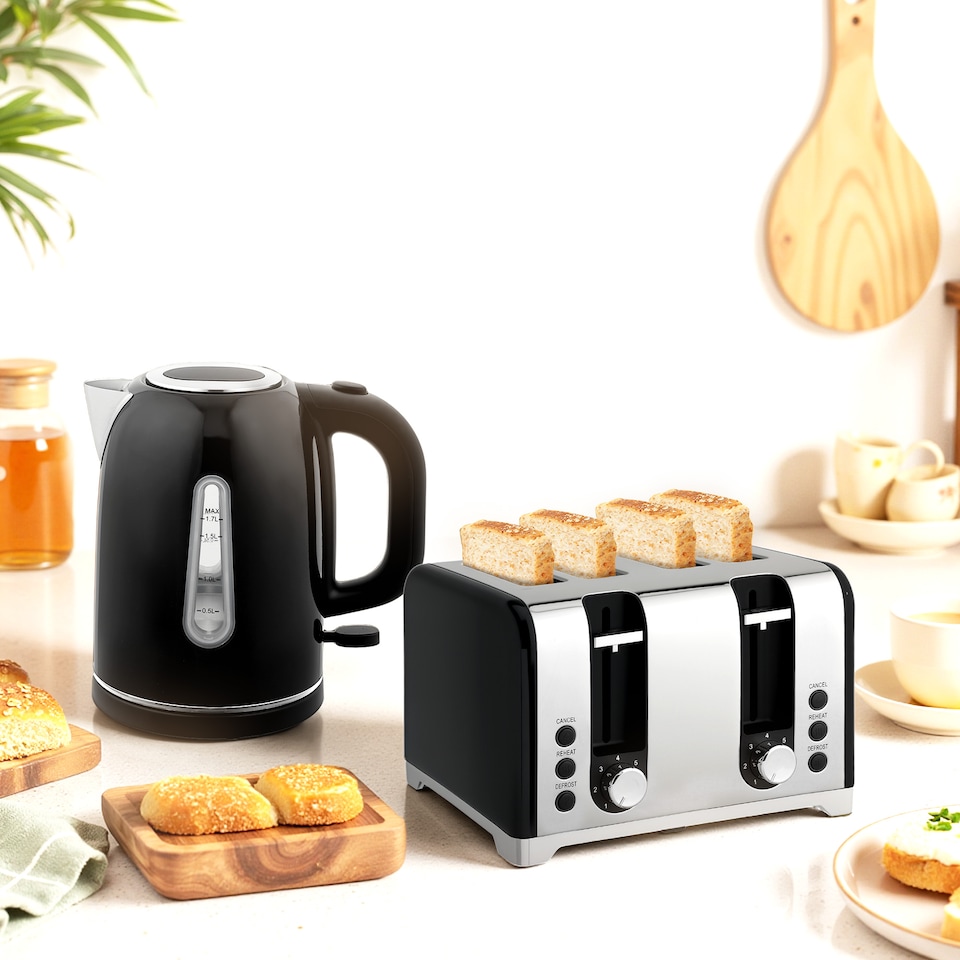 image 1 of HOMCOM Kettle and Toaster Set, 1.7L 3000W Rapid Boil Jug Kettle with Strix Thermostat, Limescale Filter, 4 Slice Toaster with 7 Browning Controls, Crumb Tray, Black | Black