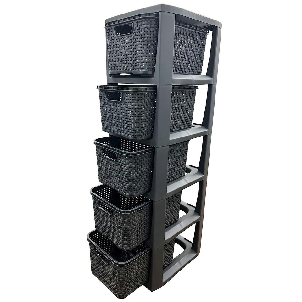 1 x 5 Drawer Grey Rattan Effect Commode Stylish Home Office Storage ...