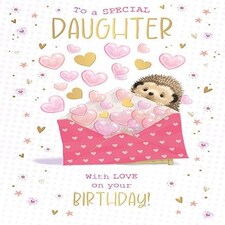 Words 'n' Wishes Special Daughter Large Birthday Card for Girls - Hedgehog and Love Heart Envelope with Foil Details - Eco-Friendly