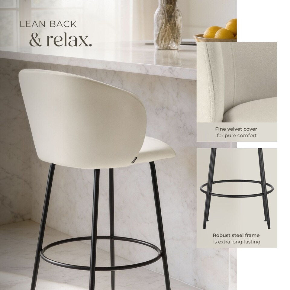 image 1 of Bar Stool Luana - with backrest, velvet look and padded | Cream | cream/black | 60 x 51 x 106 cm | 2
