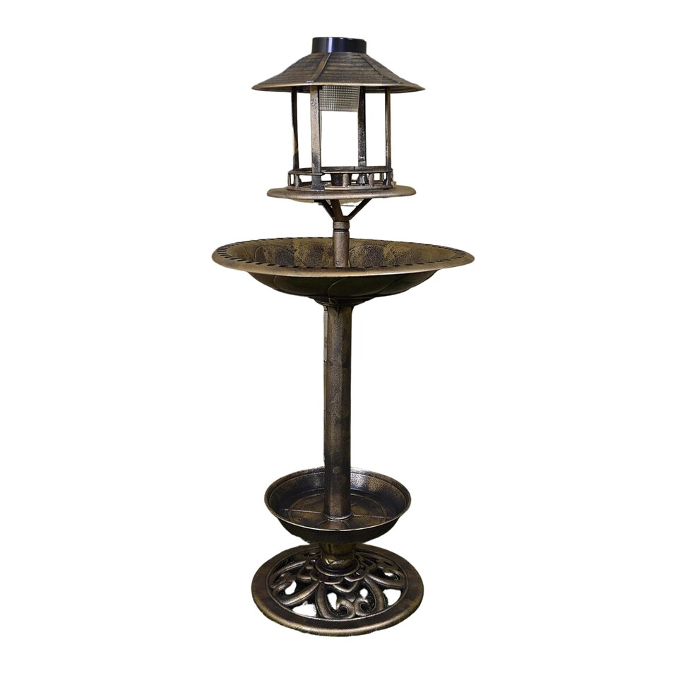 image 1 of 1.1m Bronze Effect Resin Garden Bird Bath & Table with Solar Light | Bronze | Bronze
