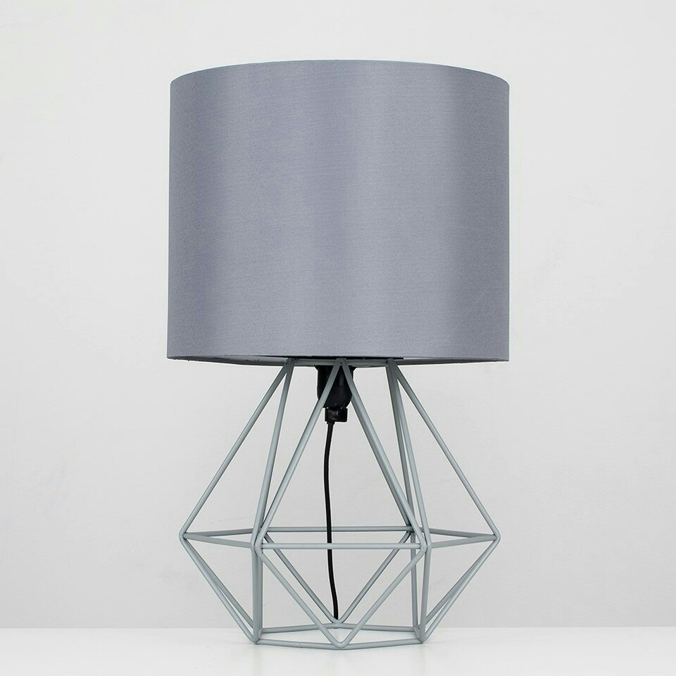 image 1 of ValueLights Modern Geometric Grey Metal Cage Bedside Table Lamp With Grey Fabric Shade