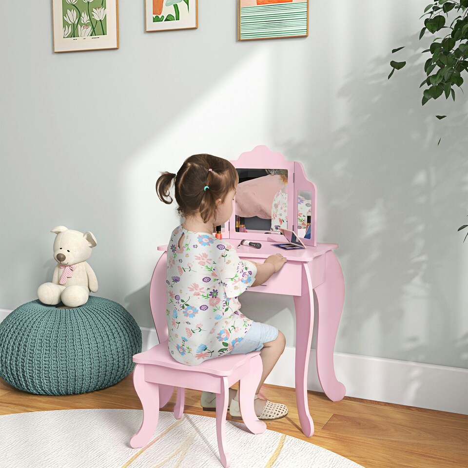 image 1 of HOMCOM Makeup Dressing Table Set with Tri-Folding Mirror and Drawer, Pink Pink