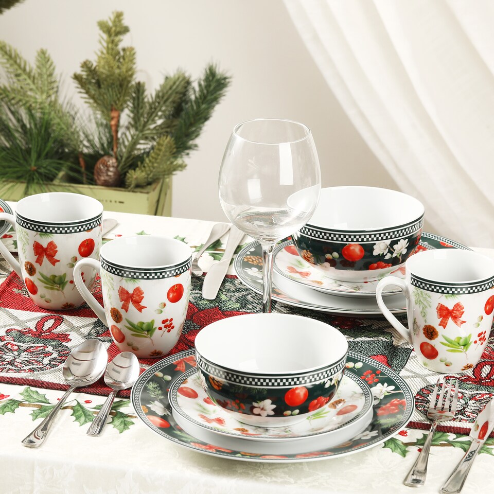 image 1 of simpa 18PC Christmas Flora Orchard Ceramic Dinner Set.