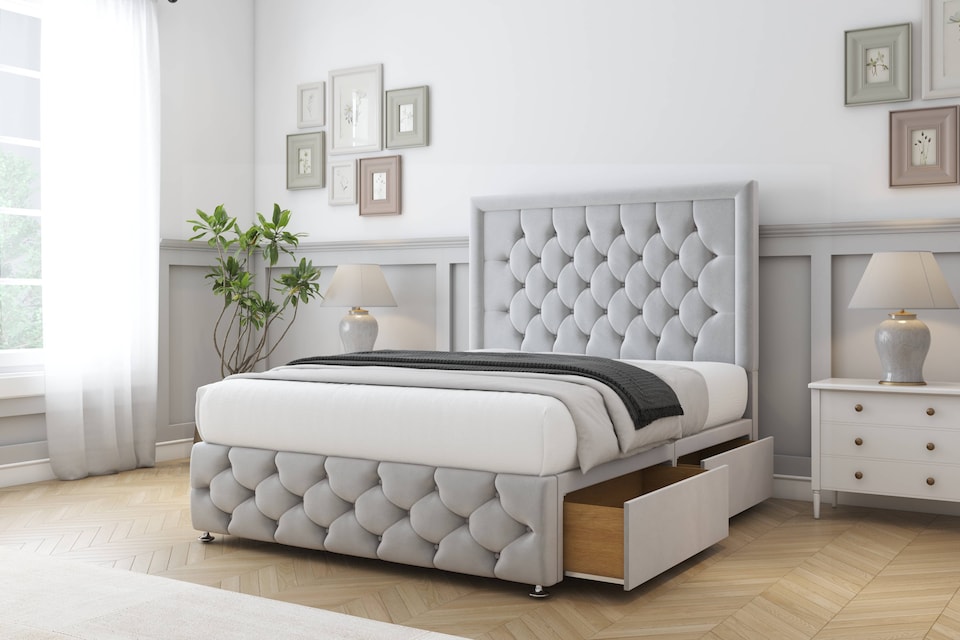 image 1 of Sloomy Vienna Silver Plush Divan Bed Base 2 Drawers Left Side With 54 Inch Floor Standing Headboard & 12 Inch Matching Footboard | Silver | Silver | Super King | 1