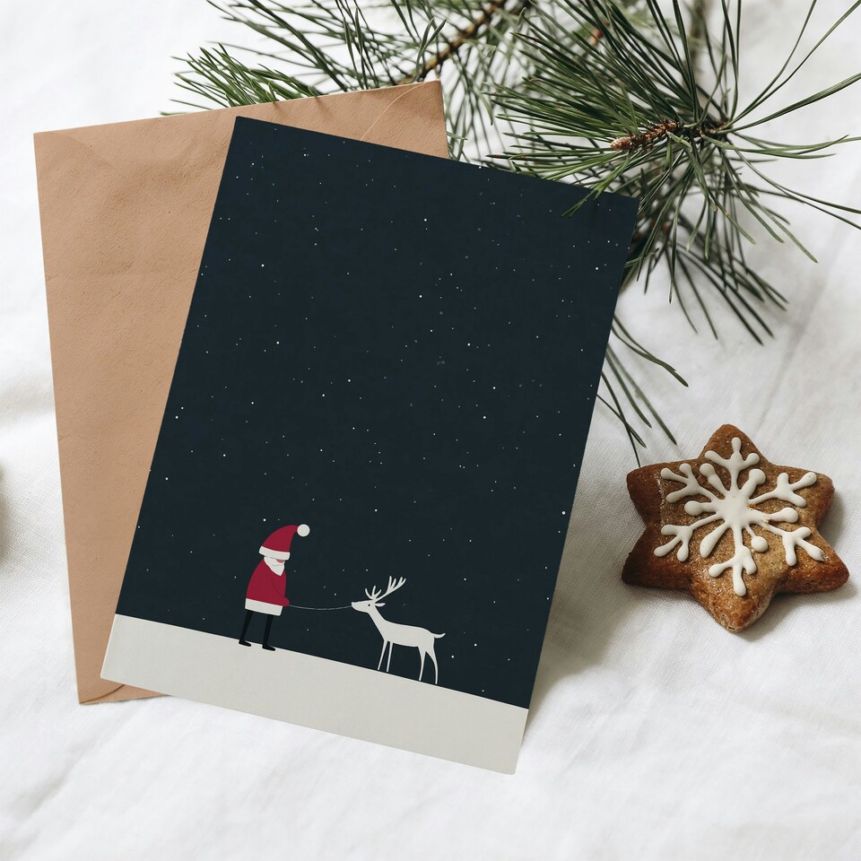 image 1 of Greeting Card Santa Claus With White Reindeer in Snow Modern Blank For Him Or Her Art Xmas Christmas Card