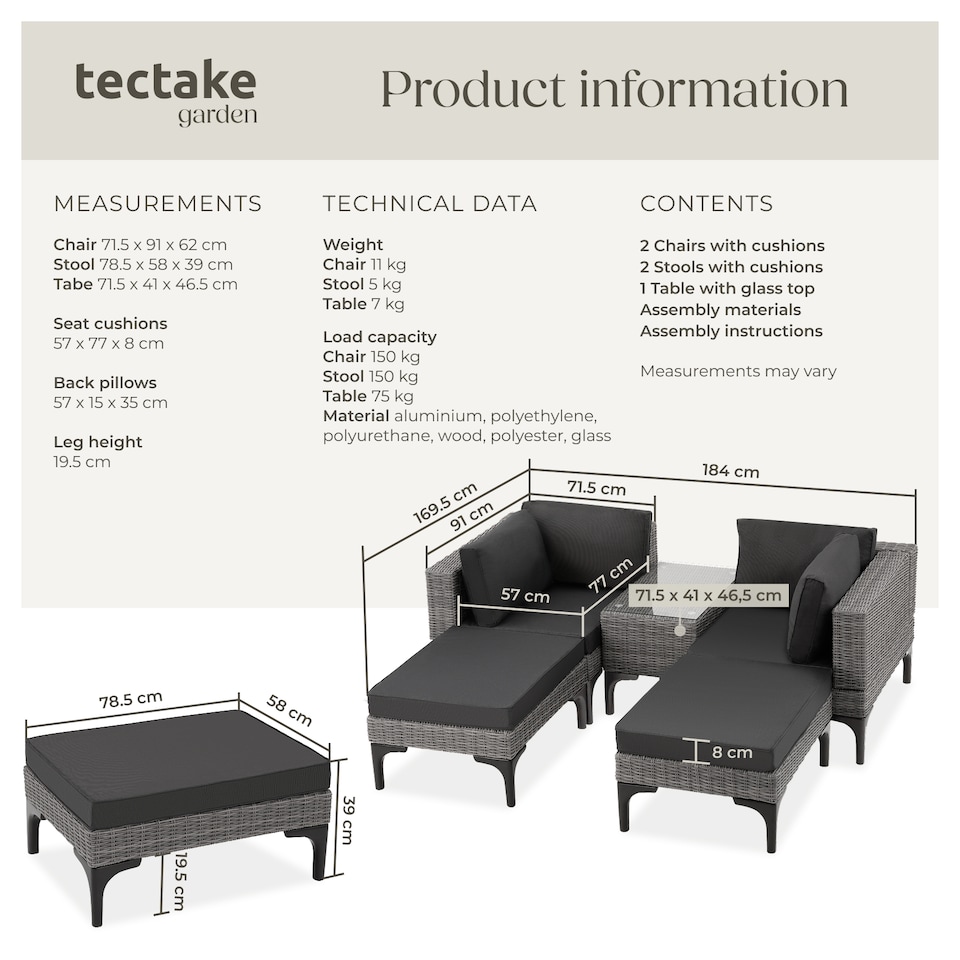 image 1 of Garden Furniture Set Bellaria - 2 armchairs, 2 stools, side table, thick seat cushions | Grey | grey | 169,50 x 204 x 74 cm | 1