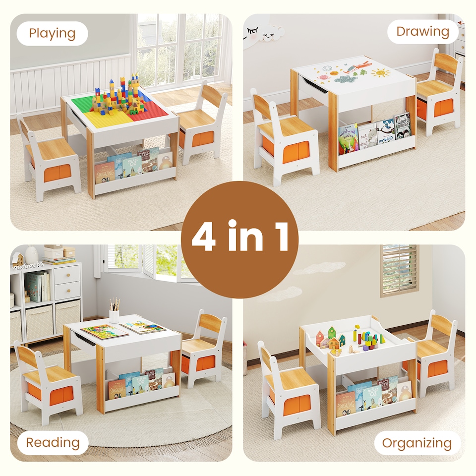 image 1 of COSTWAY Kids Table and 2 Chairs Set Multifunctional Natural