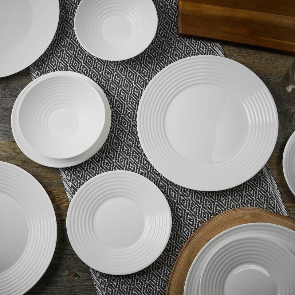 image 1 of White Opal Glass Dinner Set Plates Soup Bowls Dinnerware | White | Vienna Ribbed - 12 Pcs | 12