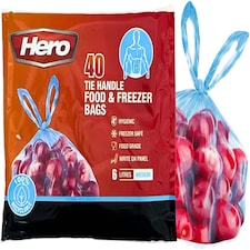 Hero Tie Handle Food Storage Bags 6L Pack of 40 Reusable BPA Free Freezer & Sandwich Bags with Airtight Seal for Fruits, Vegetables, Meat and Grains
