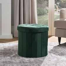 OHS Matte Velvet Soft Round Foldable Footstool Seat Storage Organiser Ottoman | Green | Forest Green