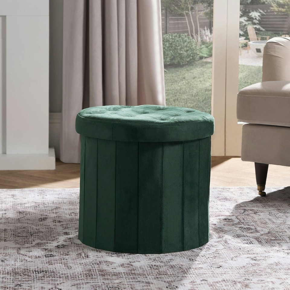 image 1 of OHS Matte Velvet Soft Round Foldable Footstool Seat Storage Organiser Ottoman | Green | Forest Green