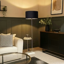 ValueLights Tavel Brushed Silver Floor Lamp with Large Navy Blue Drum Shade