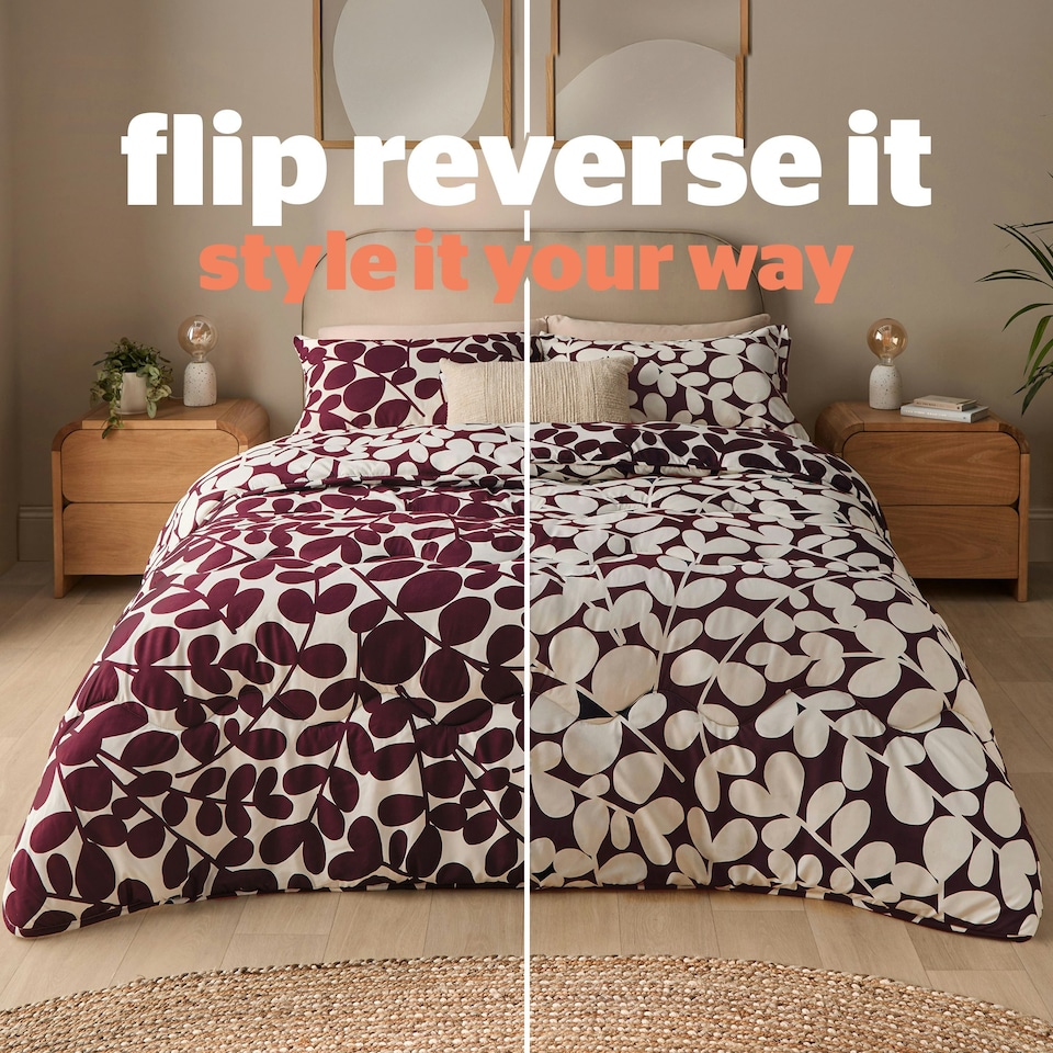 image 1 of Silentnight Coverless 10.5 Tog Duvet and Pillowcase Set, Leaf Print | Purple | Single
