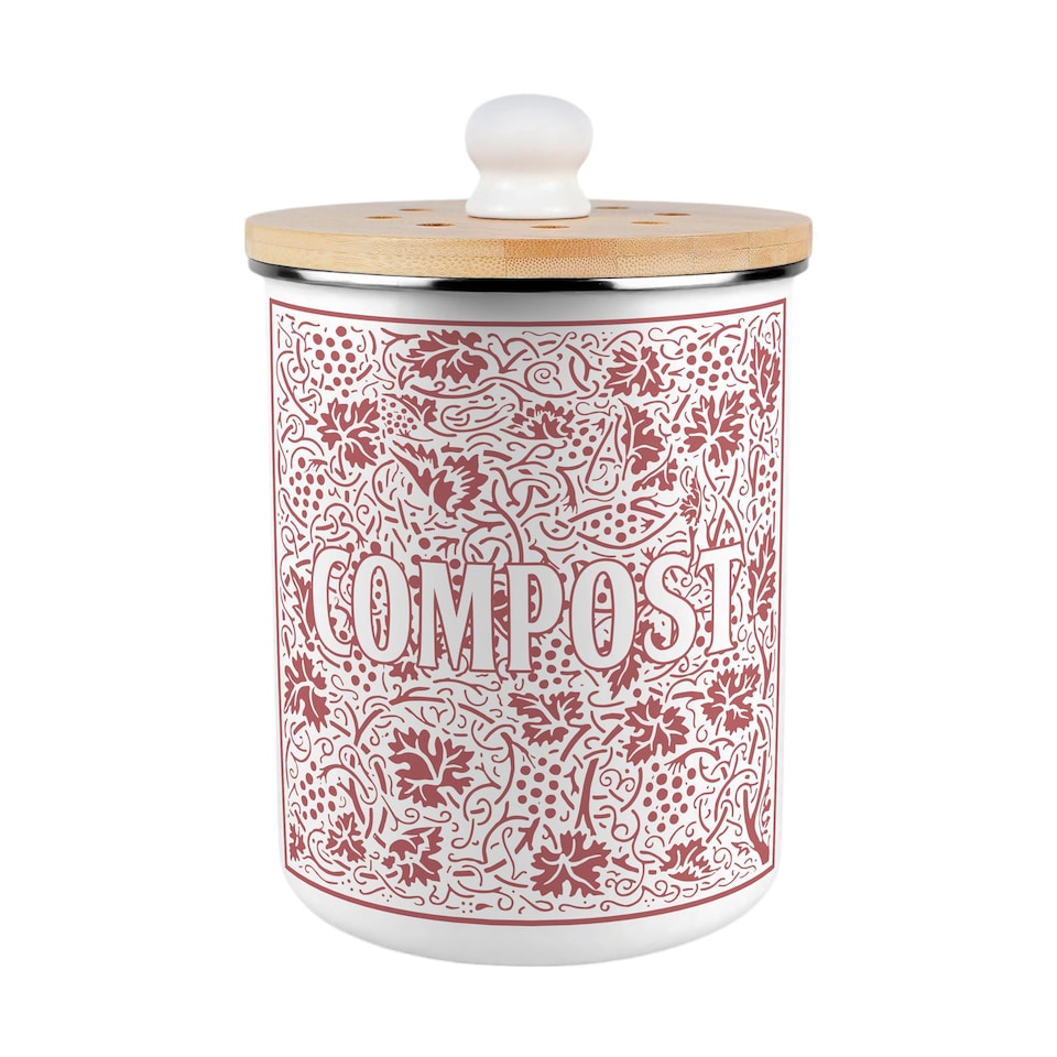 image 1 of Oak Leaves & Berries Compost Caddy - Metal 2L Red Decorative Kitchen Food Waste Bin