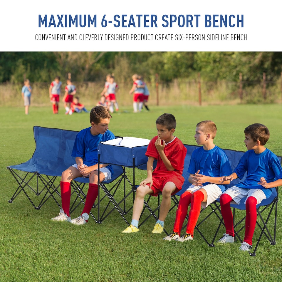 image 1 of Outsunny 6 Seat Camping Bench Folding Portable Outdoor with Cooler Bag Blue