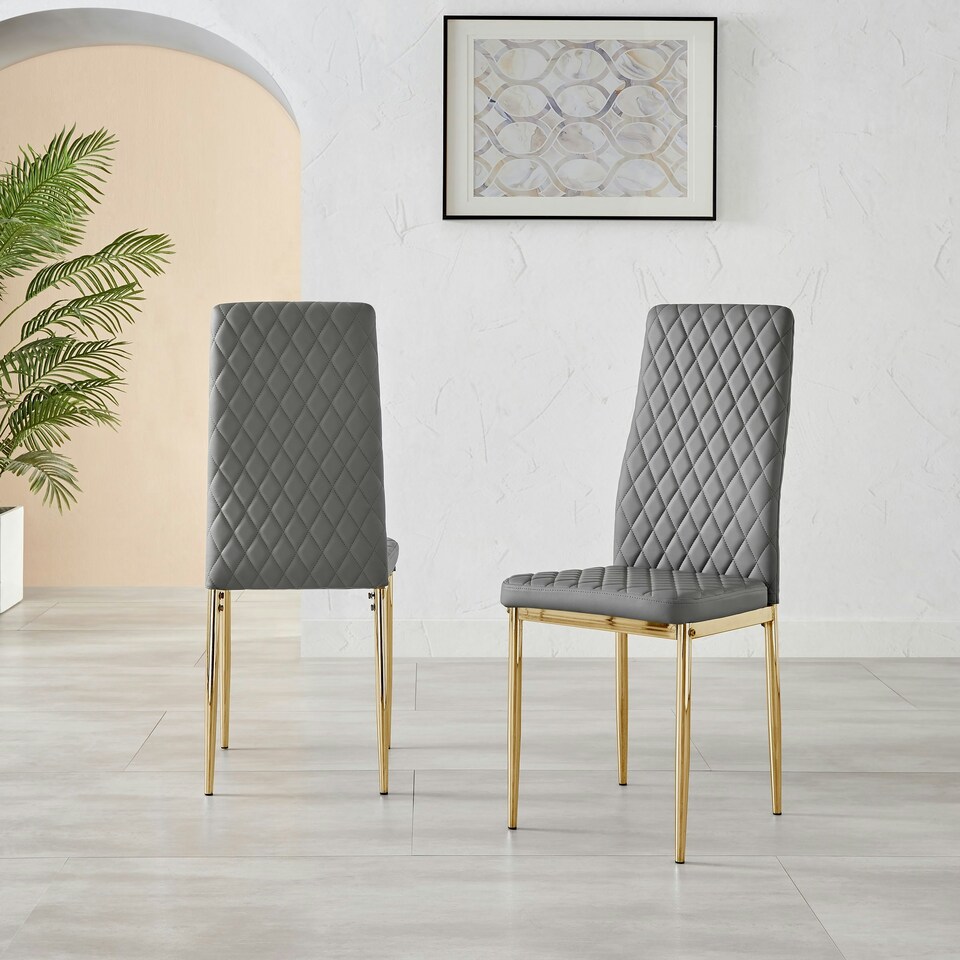 image 1 of Furniturebox 4x Milan Grey Gold Hatched Faux Leather Dining Chairs