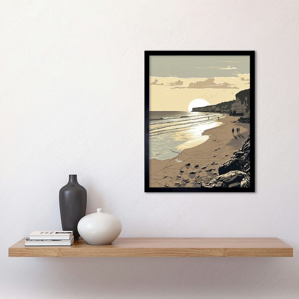 image 1 of Sunrise Walk on Filey Beach Coastal Home Decor 12x16" Framed Wall Art Print