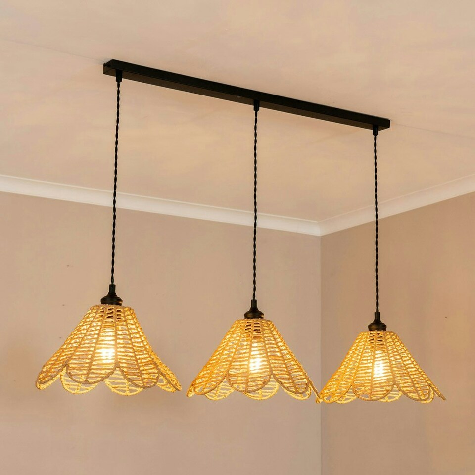 image 1 of ValueLights Vine Natural Rattan Flower Shade 3 Drop Matte Black Diner Ceiling Pendant Light Black