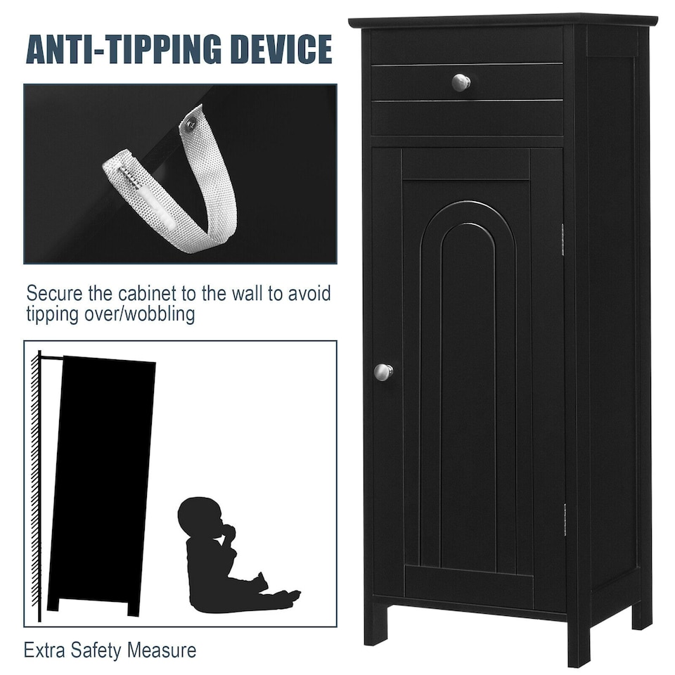 image 1 of COSTWAY Bathroom Storage Cabinet Wooden Cupboard Black Black