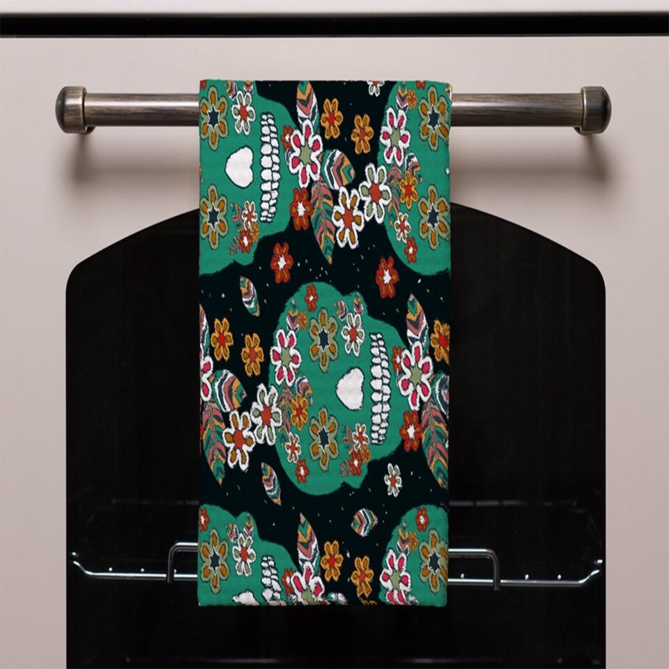 image 1 of Embroidery colorful simplified ethnic flowers and skull pattern (Kitchen Towel)