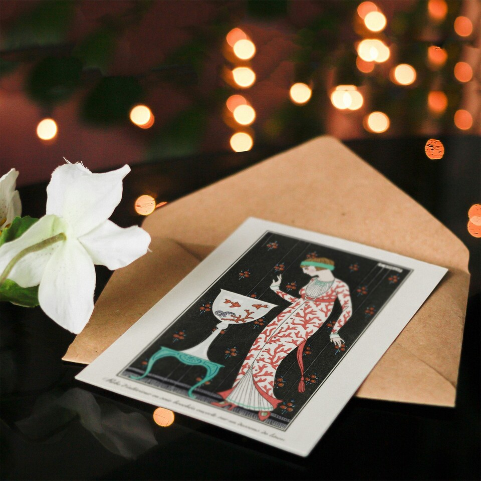 image 1 of George Barbier Art Card Coral Evening Dress Vintage Fashion Advert