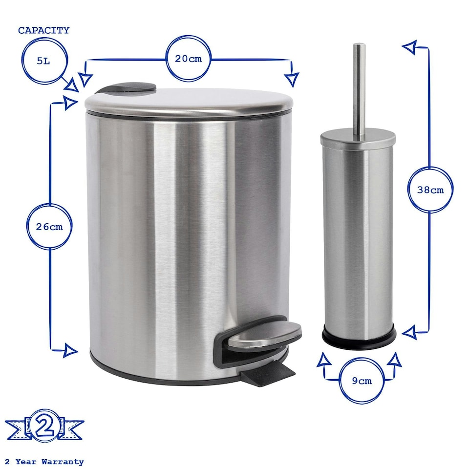 image 1 of Harbour Housewares 2pc Round Stainless Steel Pedal Bin & Toilet Brush Set - 5L - Black