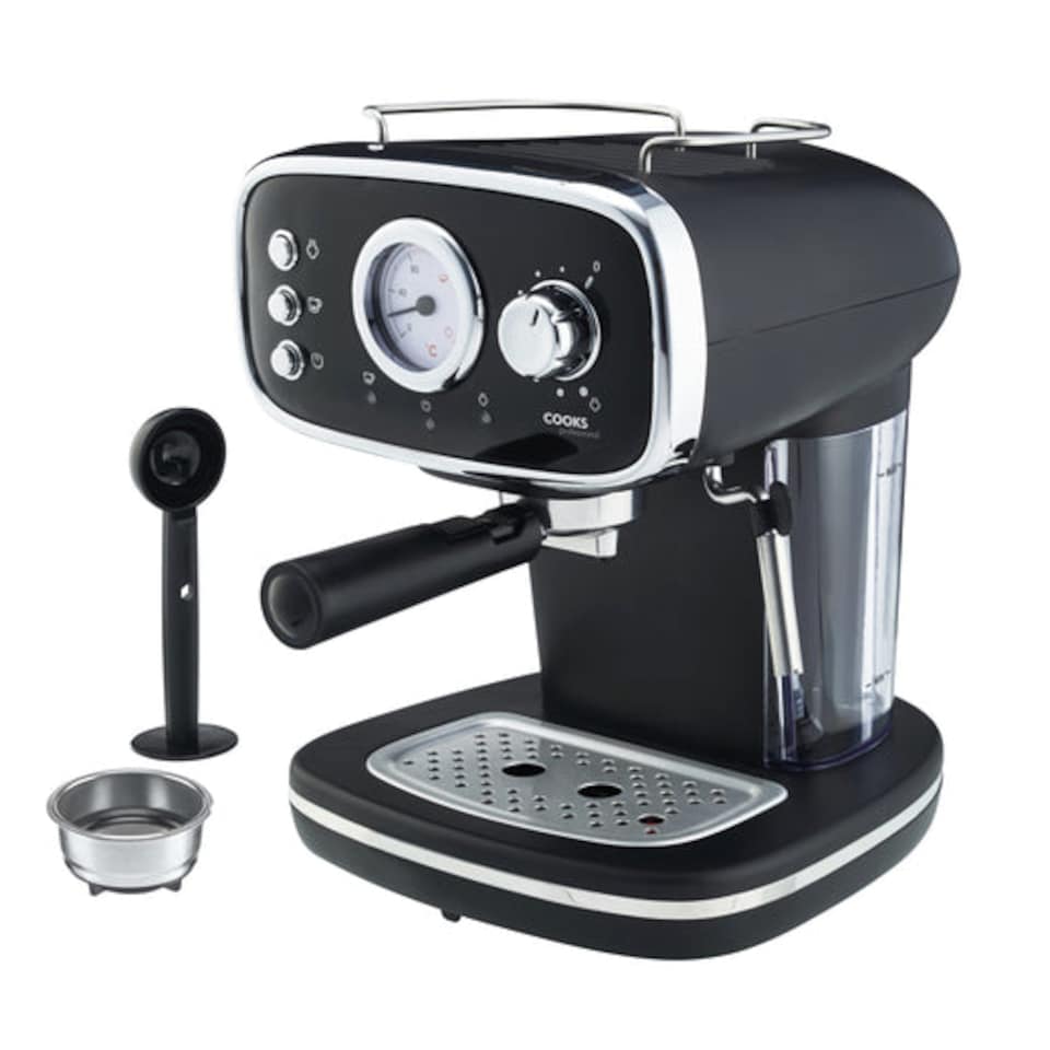 image 1 of Cooks Professional 15-Bar Retro Espresso Coffee Machine 1.2L with Frothing Steam Wand | Black | Black & Silver