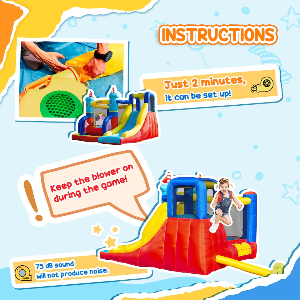 image 1 of Outsunny Kids Bouncy Castle with Slide Pool Trampoline Climbing Wall w/ Blower