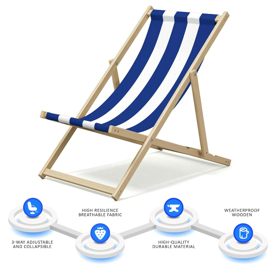 image 1 of Wooden Folding Deck Chair Garden, Beach & Patio Outdoor Chair | Blue