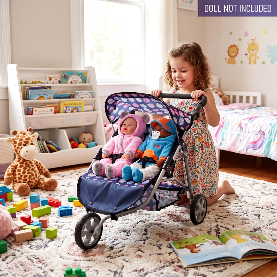 image 1 of BiBi Doll 3 Wheeler Twin Dolls Blue Pushchair Toy with Canopy & Basket For Up To 20" Dolls