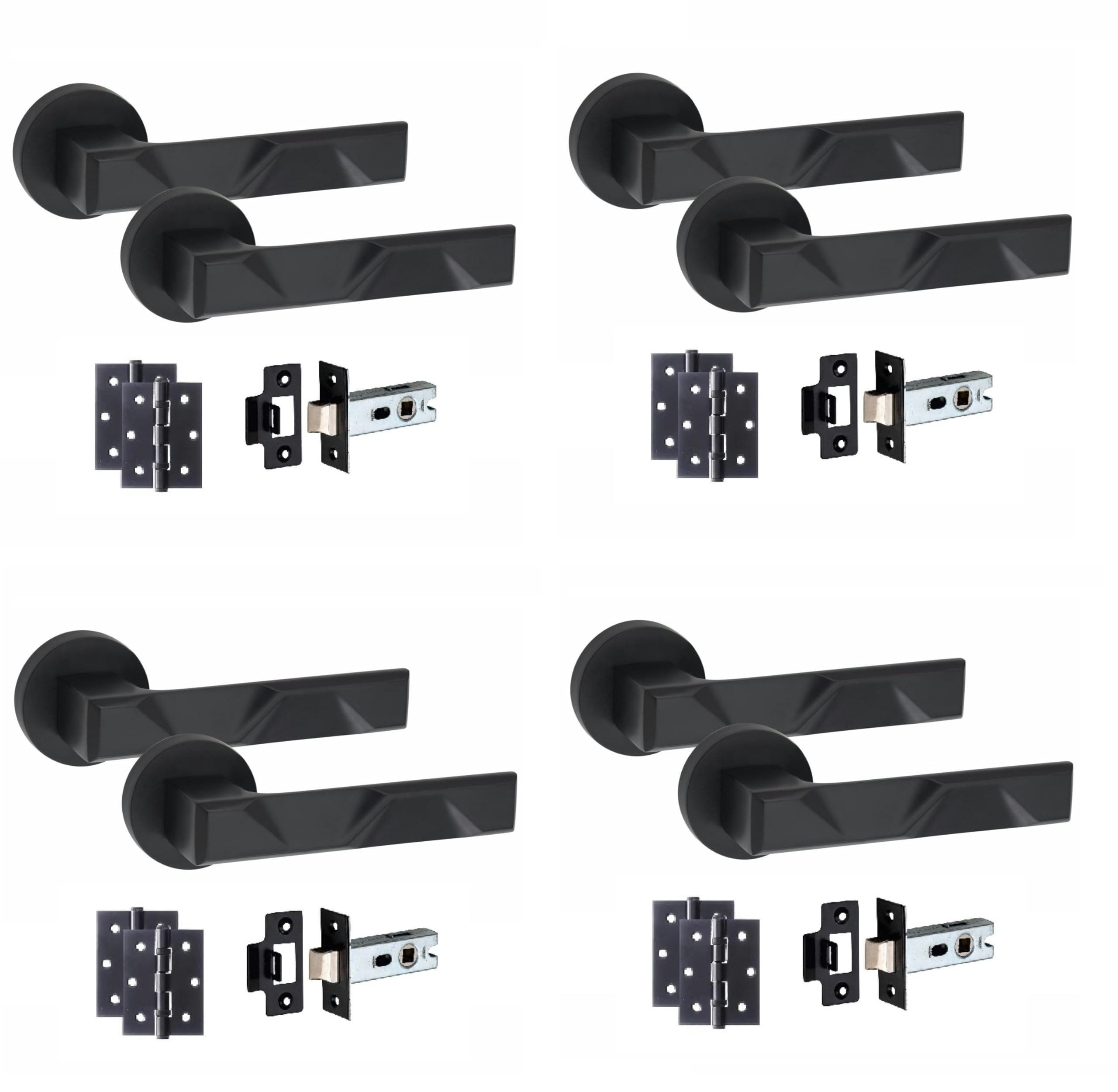 Golden Grace 4 Pairs Modern Nova Design Premium Door Handles on Round Rose in Matt Black Finish with 3" Ball Bearing Hinges and 2.5" Tubular Latch Bla