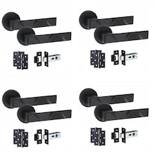 Golden Grace 4 Pairs Modern Nova Design Premium Door Handles on Round Rose in Matt Black Finish with 3" Ball Bearing Hinges and 2.5" Tubular Latch | Black | 4 Pairs