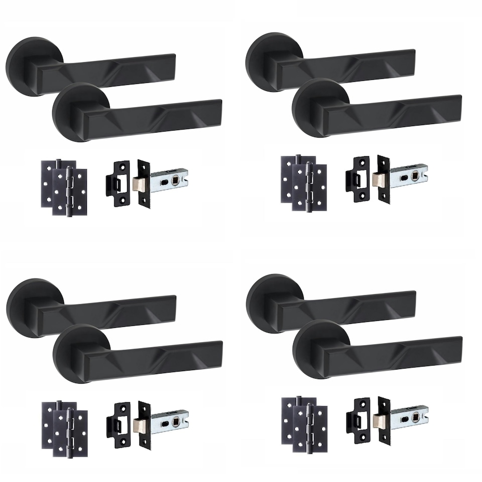 image 1 of Golden Grace 4 Pairs Modern Nova Design Premium Door Handles on Round Rose in Matt Black Finish with 3" Ball Bearing Hinges and 2.5" Tubular Latch | Black | 4 Pairs