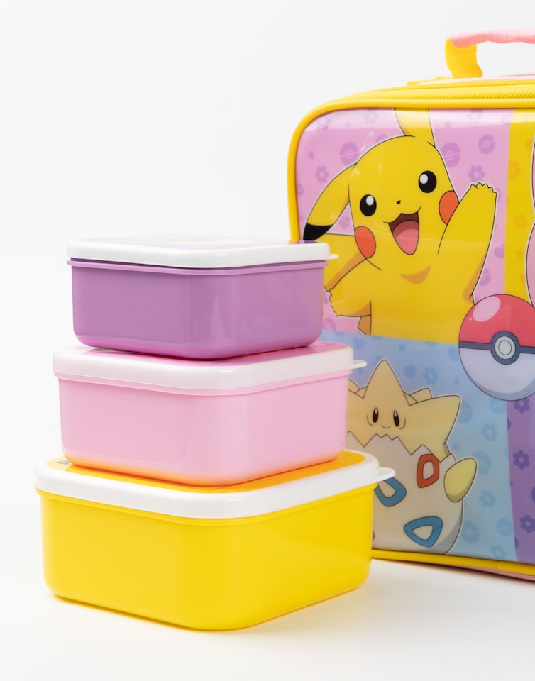 image 1 of Pokemon Girls Lunch Bag Set | Kids 5 Piece Zip Dinner Bag, Water Bottle and Snack Pot Bundle in Pink and Yellow | Pikachu, Jiggly Puff, Eevee, Togepi Besties Characters | Game TV Series Merchandise Gift