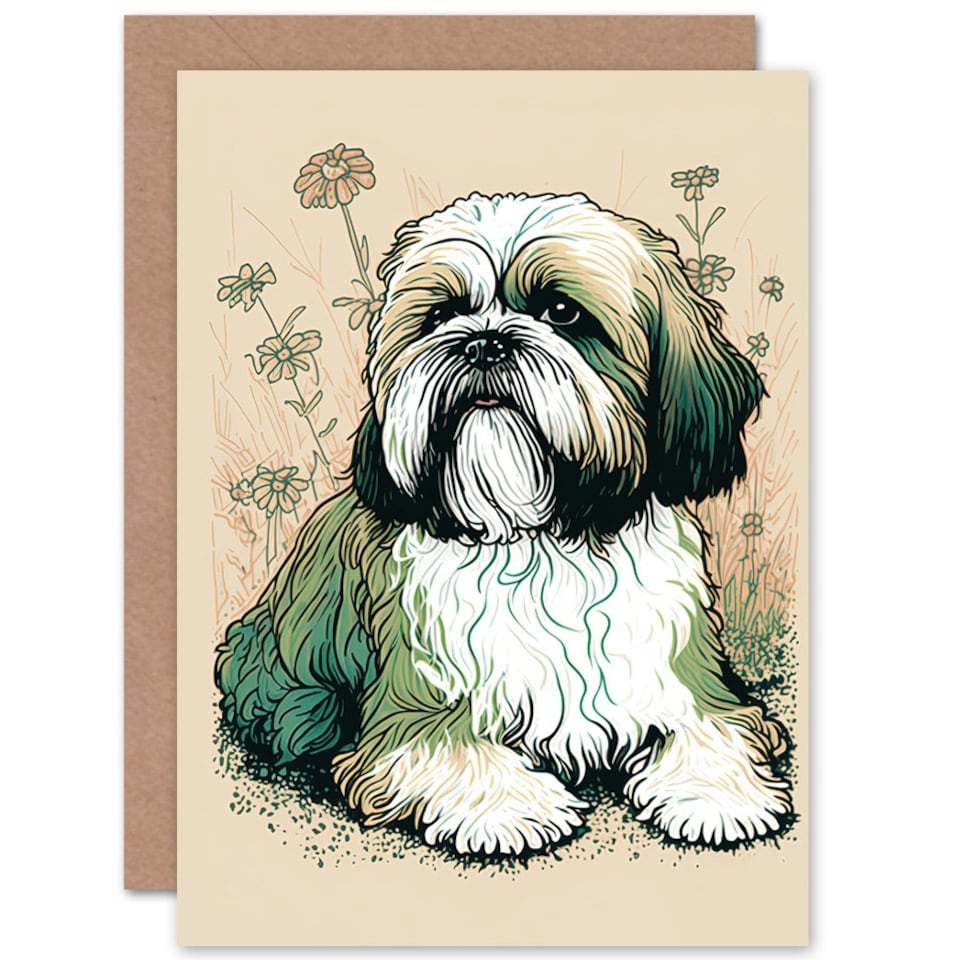 image 1 of Dog Lover Shih Tzu and Daisies Spring Flowers Floral Greeting Card
