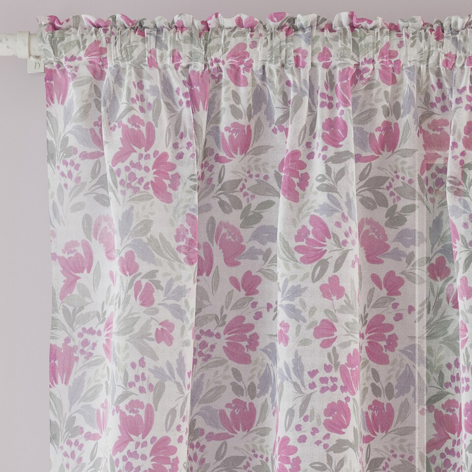 image 1 of Mia Pink Floral Print Sheer Voile Panels - Pair 140 x 137cm (55x54")