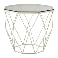 Octagonal End Table With Brushed Nickel Base,Boutique Geometric Side Table,Accent Table For Home Decor Silver