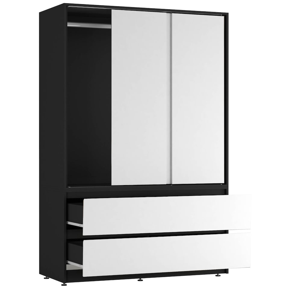 image 1 of URBNLIVING 3 Sliding Door Wardrobe With 4 Drawers And Hanging Rail | Black | White Drawers | 1