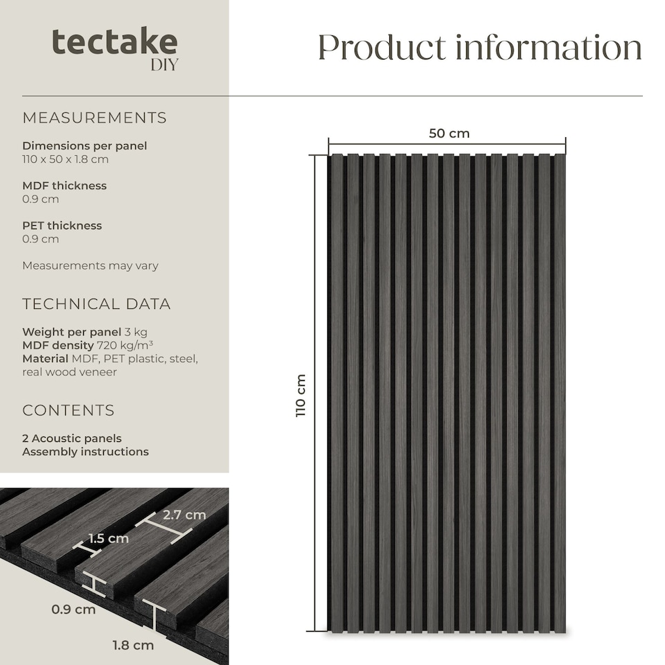 image 1 of Acoustic Wall Panels Sonic Wall II with Real Wood Veneer and Sound-Absorbing Felt | Black | black oak | 110 x 50 x 1.8 cm | 2