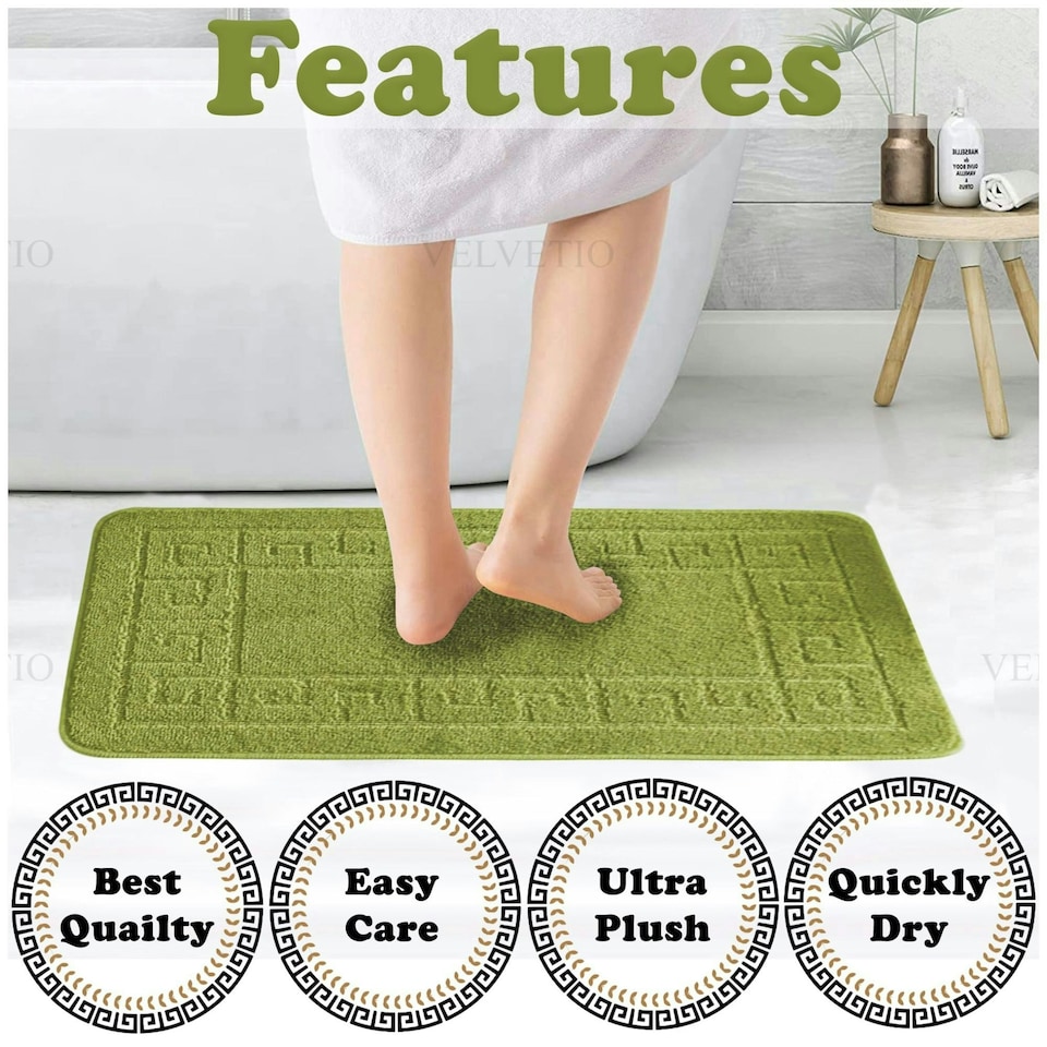 image 1 of VELVETIO Greek Bath Mat & Pedestal Mat Water Absorbent Non Slip Toilet Rugs Green