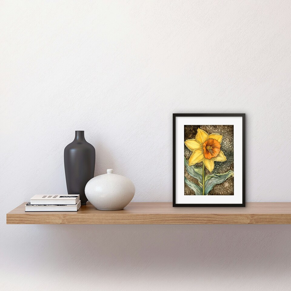 image 1 of Detailed Daffodil Flower Watercolour Art Nouveau 9x7" Black Framed Wall Art Print