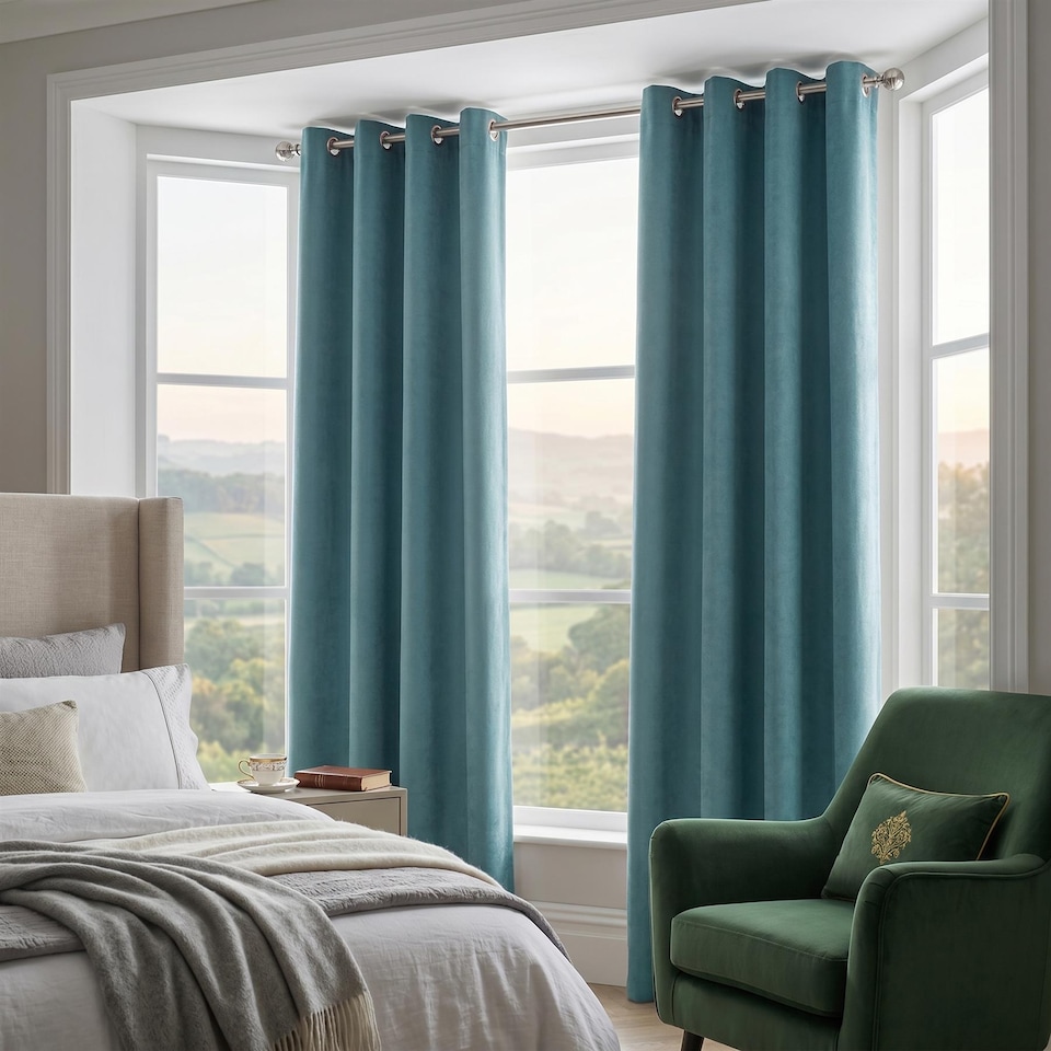 image 1 of Velvet Chenille Eyelet Curtains Ready Made Pair - 142cm x 137cm - Teal