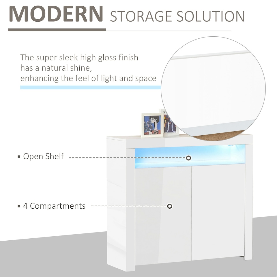 image 1 of HOMCOM Modern High Gloss RGB LED Cabinet Cupboard Sideboard Console White