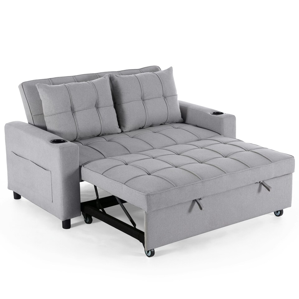image 1 of Hudson 2-Seater Sofa Bed Linen Fabric with Cup Holders (Light Grey)